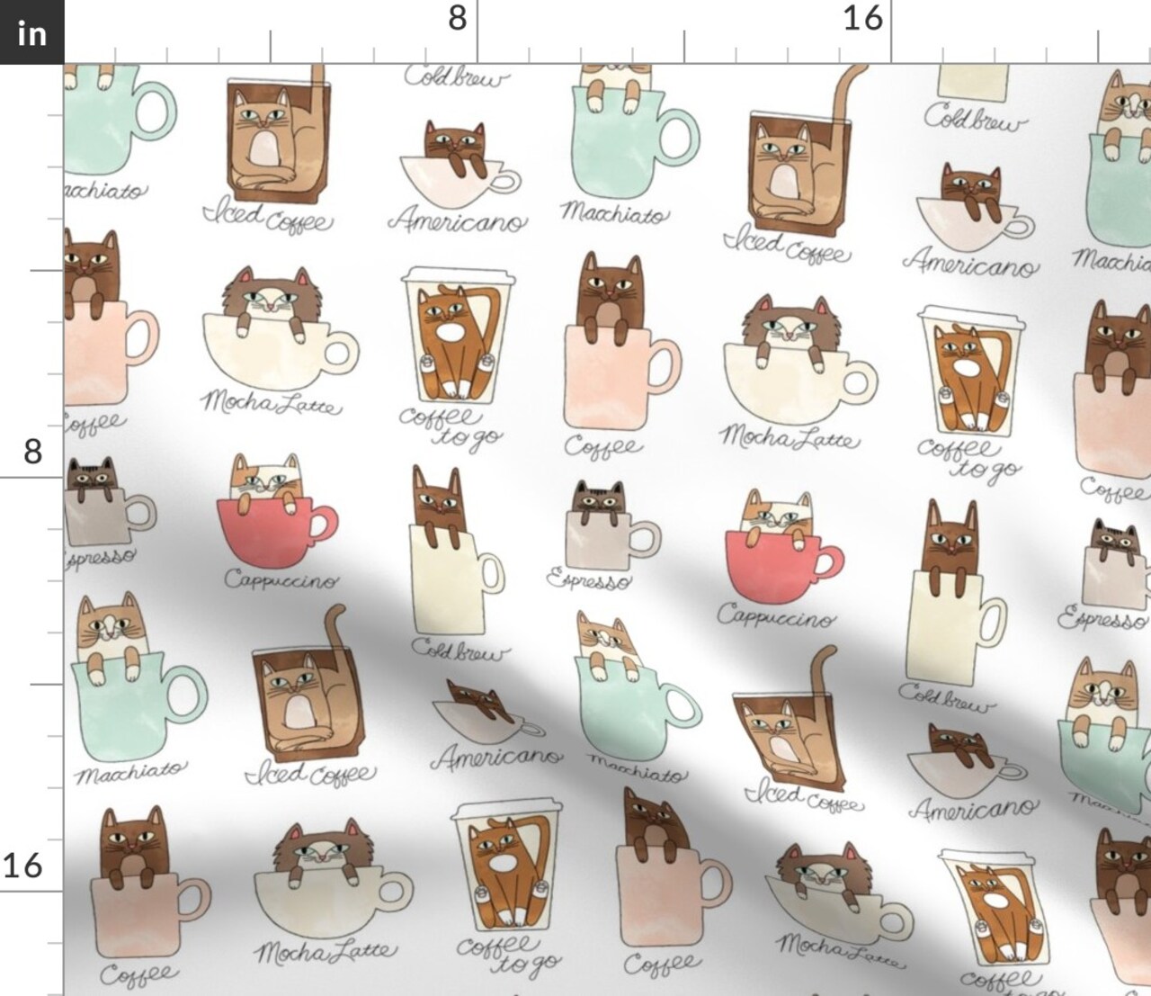 Coffee Cats Pets Funny Watercolor Cat Kitty Latte Espresso Custom Printed Fabric by Spoonflower Various Fabrics by the Yard or Fat Quarter